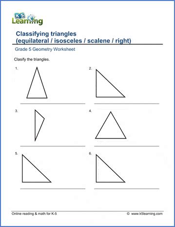 Our fifth grade math worksheets are free and printable in pdf format. Grade 5 Geometry Worksheets: Classifying triangles | K5 ...