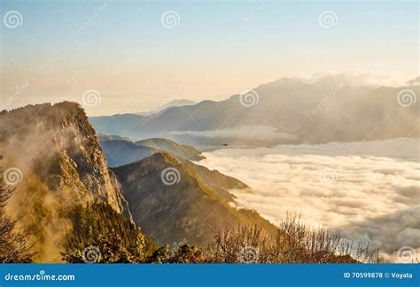 Sunrisecloud Of Sea Rocks And Yushan Mounatin Under Sky In Alishan