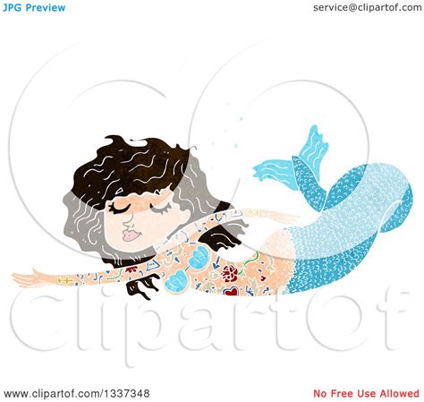 Clipart Of A Textured Blue Tattooed Brunette White Mermaid Swimming 2