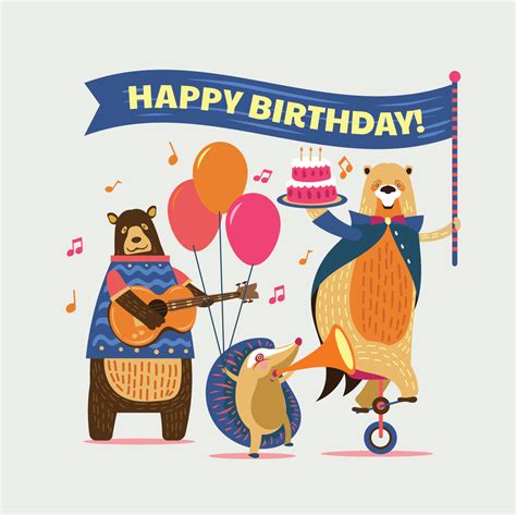 Cute Cartoon Animals Illustration For Kids Happy Birthday