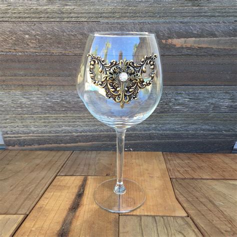 Wine Glass With Vintage Filigree And Rhinestone Embellishment Decorative Wine Glass Design