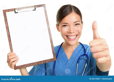 Nurse Showing Blank Clipboard Sign Stock Image Image Of Board Happy