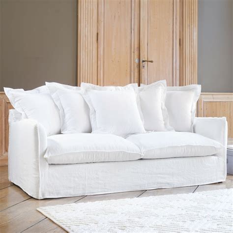 H88 x l262 x w24518 individual pieces: Sofa 3-/4-Sitzer aus gewaschenes Leinen, weiß Barcelone ...