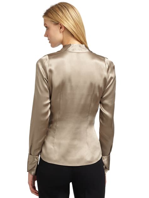 Lyst Lafayette 148 New York Camilla Silk Satin Pleated Blouse In Natural