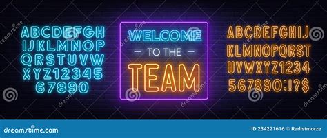 Welcome To The Team Neon Sign On A Brick Background Stock Vector