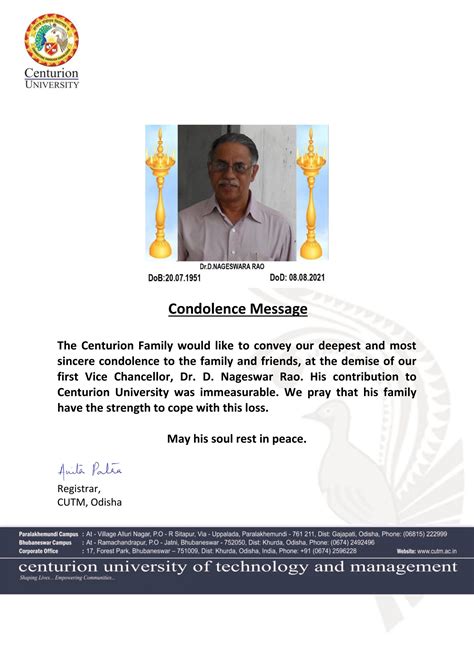 Condolence Message For Prof D Nageswar Rao Sir Centurion University