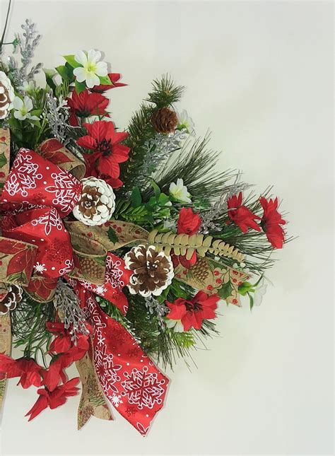 Pine Cone And Red Poinsettia Christmas Front Door Swag Etsy