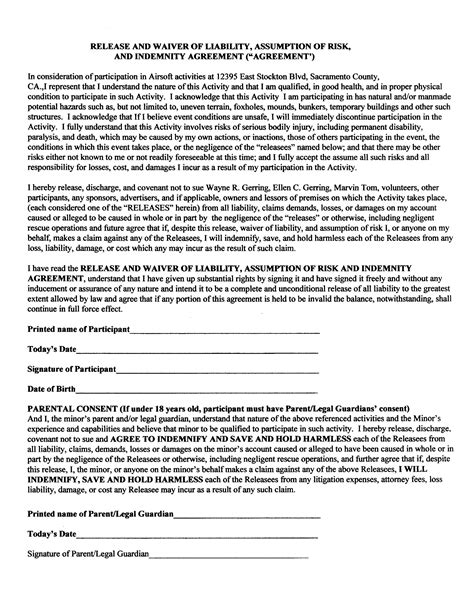 Release And Waiver Of Liability Form Free Printable Documents