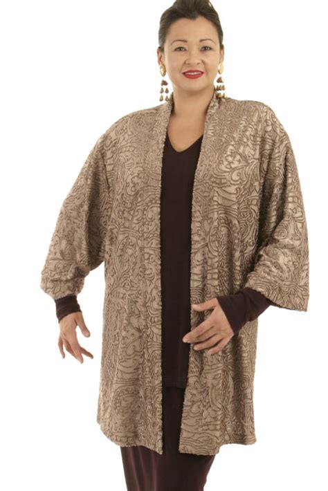 Plus Size Dressy Designer Tunic Length Kimono Stretch Filigree Taupe