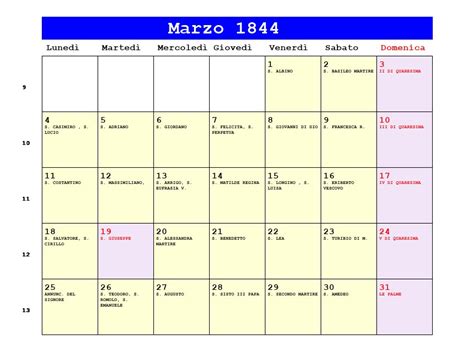 Calendario Marzo 1844 Da Stampare Quaresima Le Palme