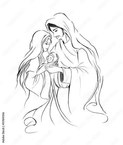 Baby Jesus Mary And Joseph In Abstract Line Art Drawing On White