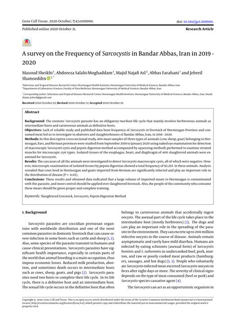 Pdf A Survey On The Frequency Of Sarcocystis In Bandar Abbas Iran In