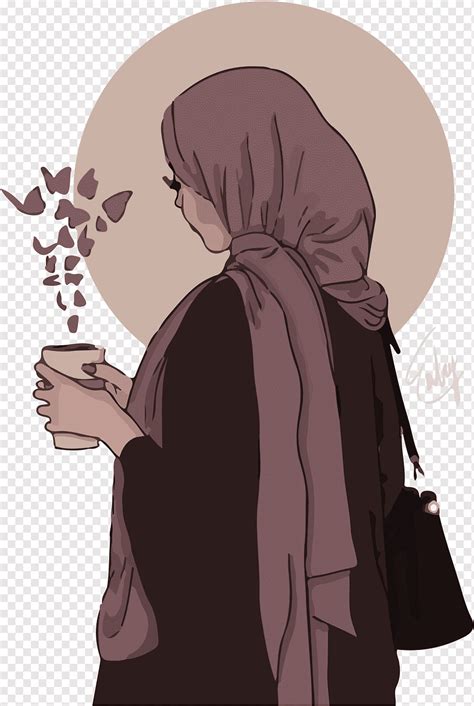 Beautiful Hijab Girl Holding Cup Butterflies Arabian Woman Png