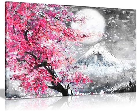 Peinture À Lhuile Japonaise Avec Fleur De Cerisier Et Mont Fuji En