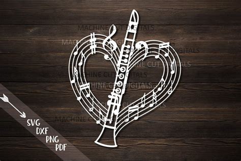 Clarinet Musical Heart Shape Svg Dxf Laser Cut Out Template