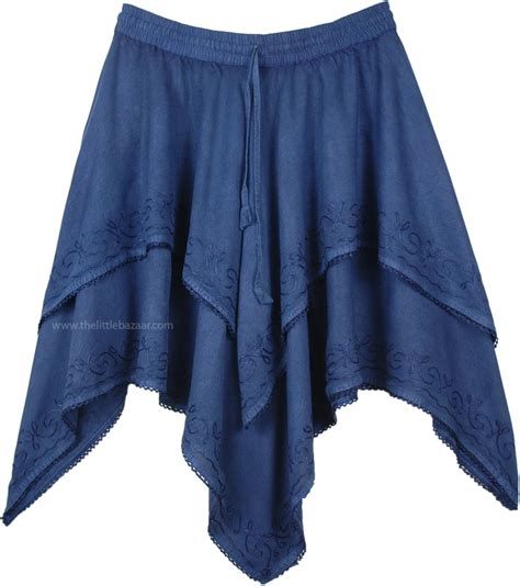 Denim Blue Handkerchief Hem Double Layered Skirt Short Skirts Blue