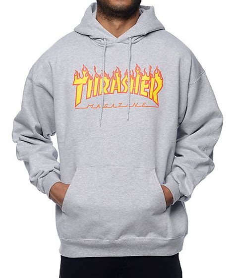 Thrasher Flame Logo Grey Hoodie Grunge Style Soft Grunge Style Hipster Solid Hoodie Grey