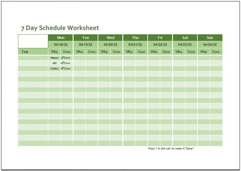 7 Day Schedule Worksheet Template For Xls Excel Templates