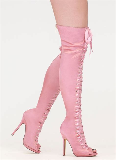 Peep This Satin Lace Up Thigh High Boots Pink Pink Knee High Boots