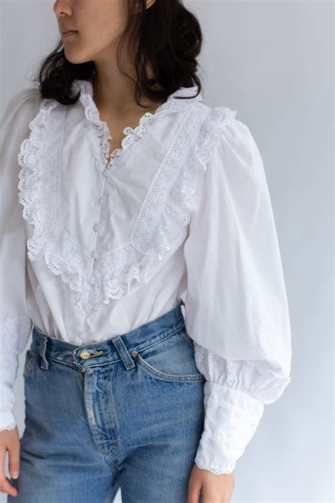 Vintage White Cotton Poet Blouse Victorian Style Romantic Folk Shirt S