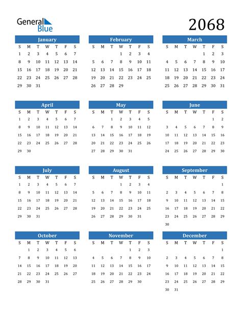 2068 Calendar Pdf Word Excel