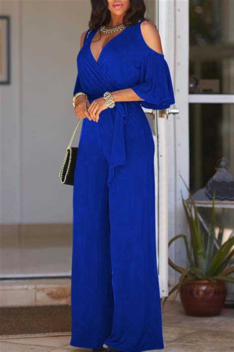 Us 750 Fashion V Neck Short Sleeve Belt Royal Blue Jumpsuit