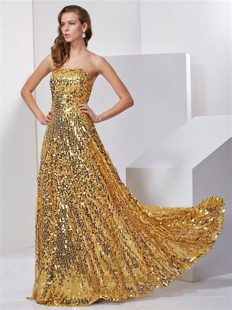 Sparkly Gold Sequin Strapless A Line Floor Length Low Back Prom Dress Fancy Bridesmaid Dresses