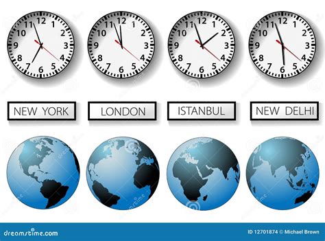 World City Time Zone Clocks And Globes Vector Illustration ...