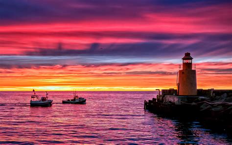 Wallpaper Boat Sunset Sea Reflection Sky Clouds Sunrise