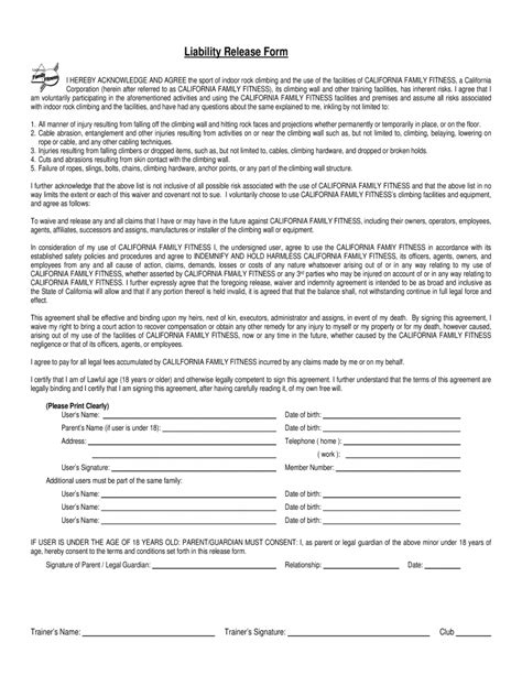california family fitness liability release form