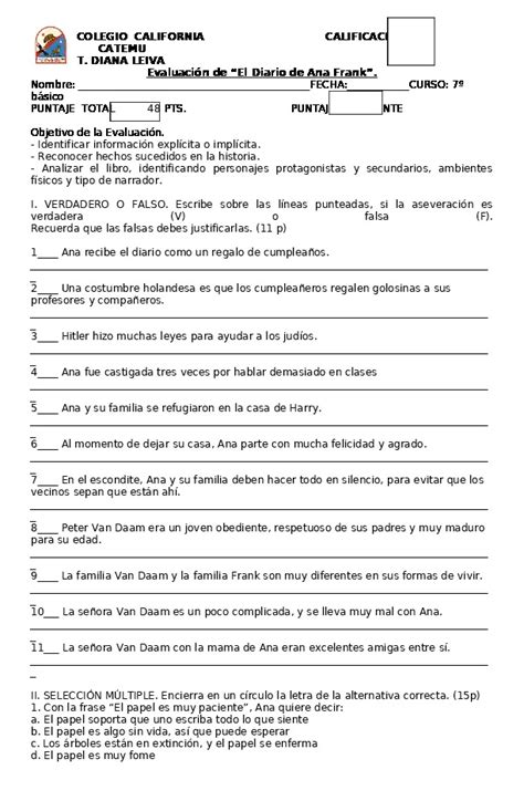 Prueba Del Libro El Diario De Ana Frank Con Respuestas ...