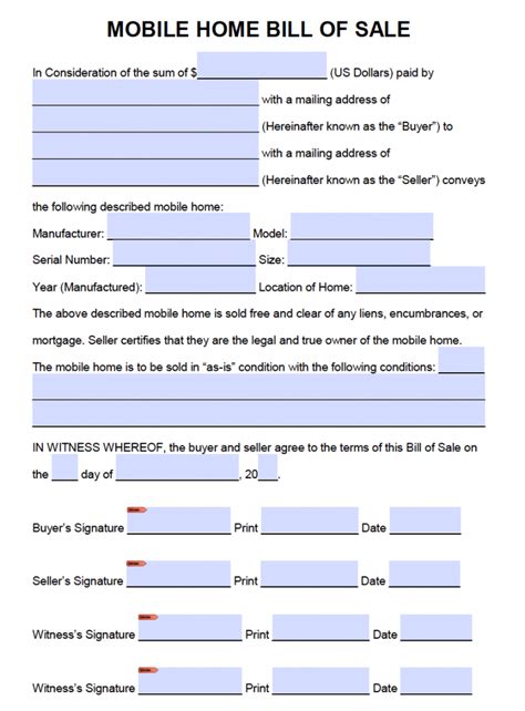 Free Manufactured Mobile Home Bill Of Sale Form Pdf Word Doc