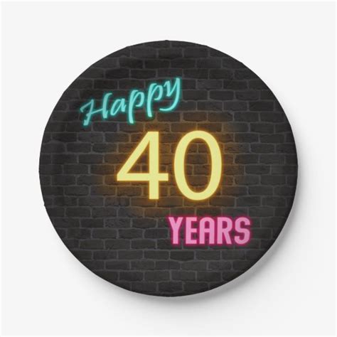 Neon Number 40 Sign On Brick Wall Paper Plate