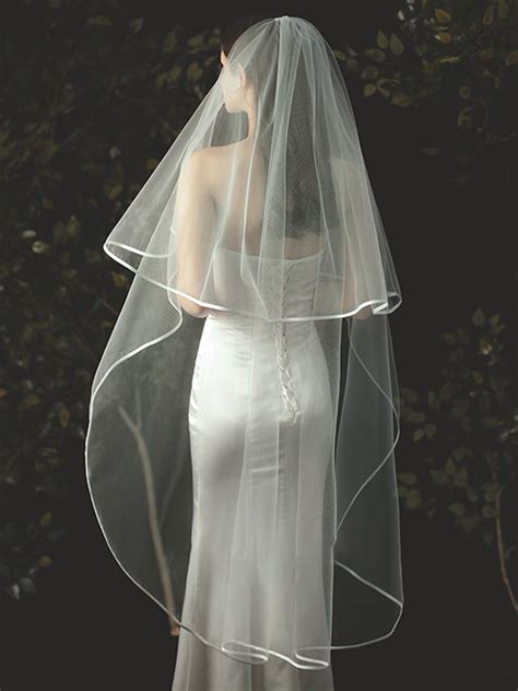 Classic Tulle Two Tier Waltz Wedding Veils With Ribbon Edge Hebeos