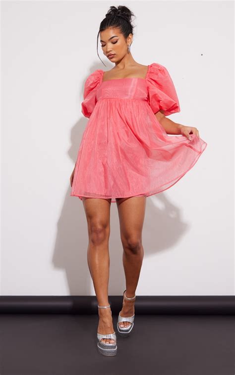 Pink Puff Sleeve Organza Shift Dress Prettylittlething Ca