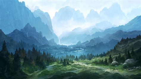 Download 1920x1080 Fantasy Landscape Mountains Waterfall River