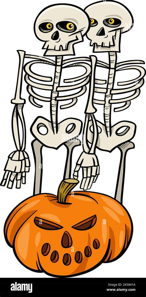 Cartoon Illustration Of Spooky Skeletons Character With Halloween Pumpkin Stock Vector Image