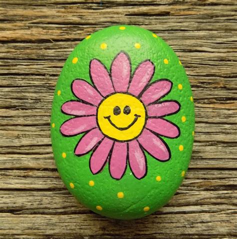 Smiley Flower Painted Rock Decorative Accent Stone Paperweight