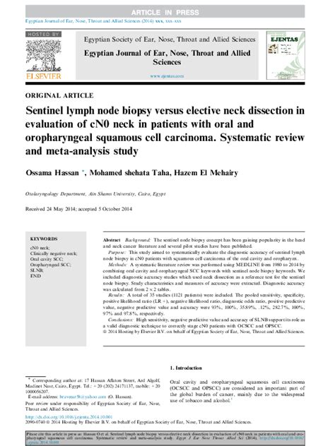 Pdf Sentinel Lymph Node Biopsy Versus Elective Neck Dissection In