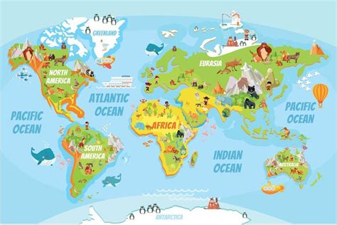 Educational Kids Global World Map Cartoon Animals Cool Huge Large Giant