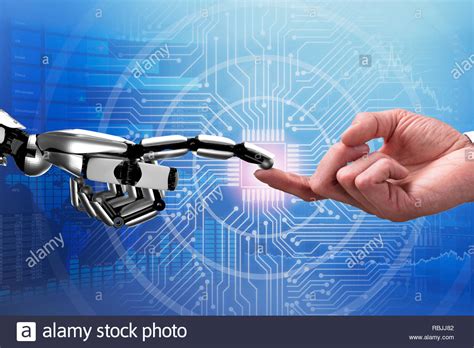 Close Up Of Robot And Man Touching Each Others Finger Against