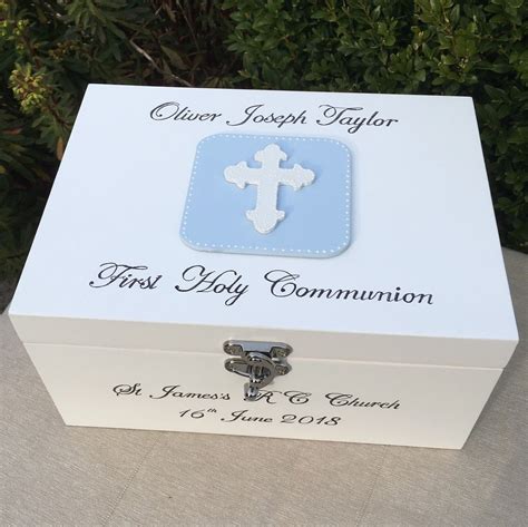 Personalised Boy First Communion Wooden Keepsake Box With Cross