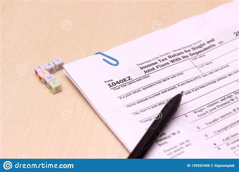 Close Up Of Usa Tax Form Type 1040ez Income Tax Return For Single And