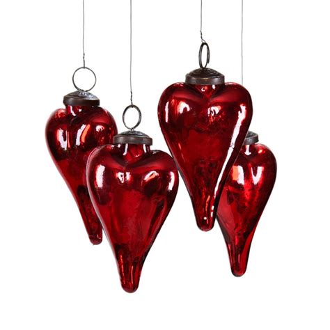 Serene Spaces Living Set Of 4 Antique Red Glass Heart Ornaments 3 Tall Red Glass Heart