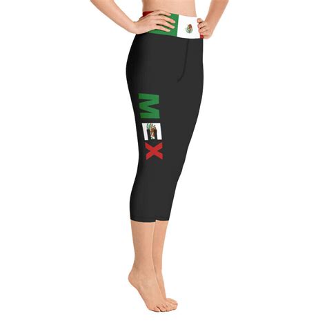 Mexico Black Yoga Capri Leggings With Mexican Flag Waistband For Sale