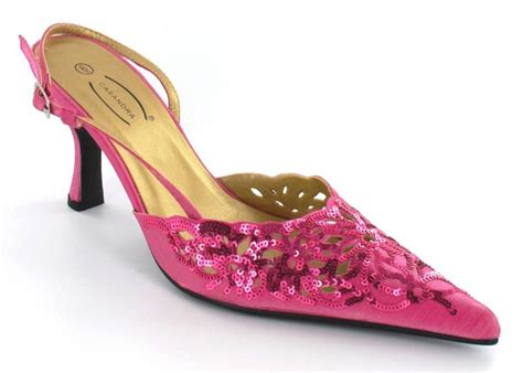 Ladies Pink Satin Sequin Low Heel Slingback Evening Shoes Glitzy N
