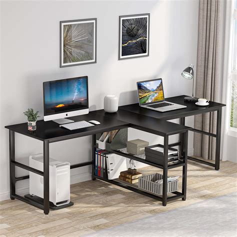 94.5 inches Two Person Desk, Double Computer Desk with Storage Shelves