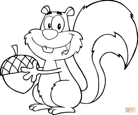 Cartoon Squirrel Holding An Acorn Coloring Page Free Printable