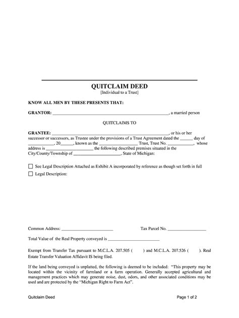 Michigan Quitclaim Deed From An Individual To A Trust Form Fill Out