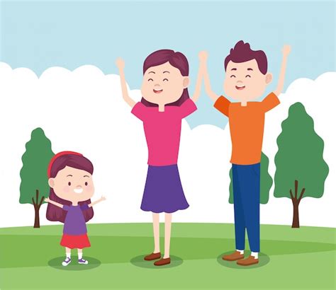 Dibujos animados feliz mamá y papá con su hija en el parque | Vector